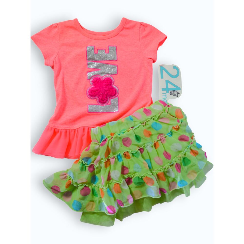 24 mo Neon Polka-Dot Skort and Shirt Set, Sparkly Outfit, Skirt Set